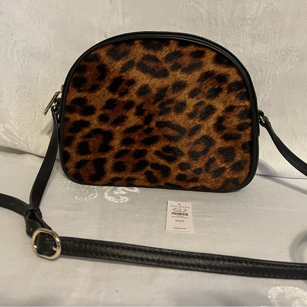 Talbots leopard print calf hair and leather crossbody with gold hardware